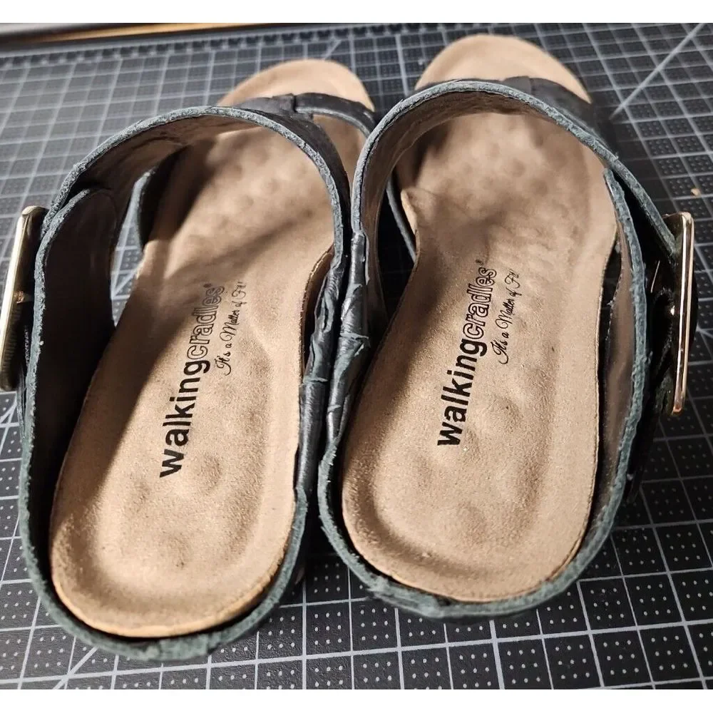 Walking cradles women THEA  wedges ankle‎ embossed  leather strap sandals 6.5M